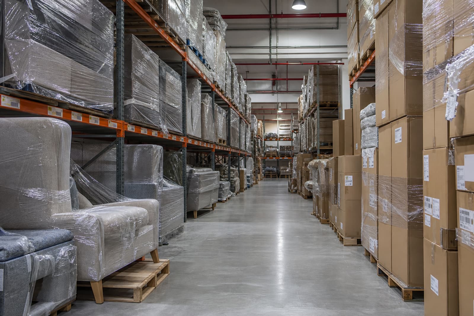 Pasillo de almacén con muebles protegidos y cajas etiquetadas.