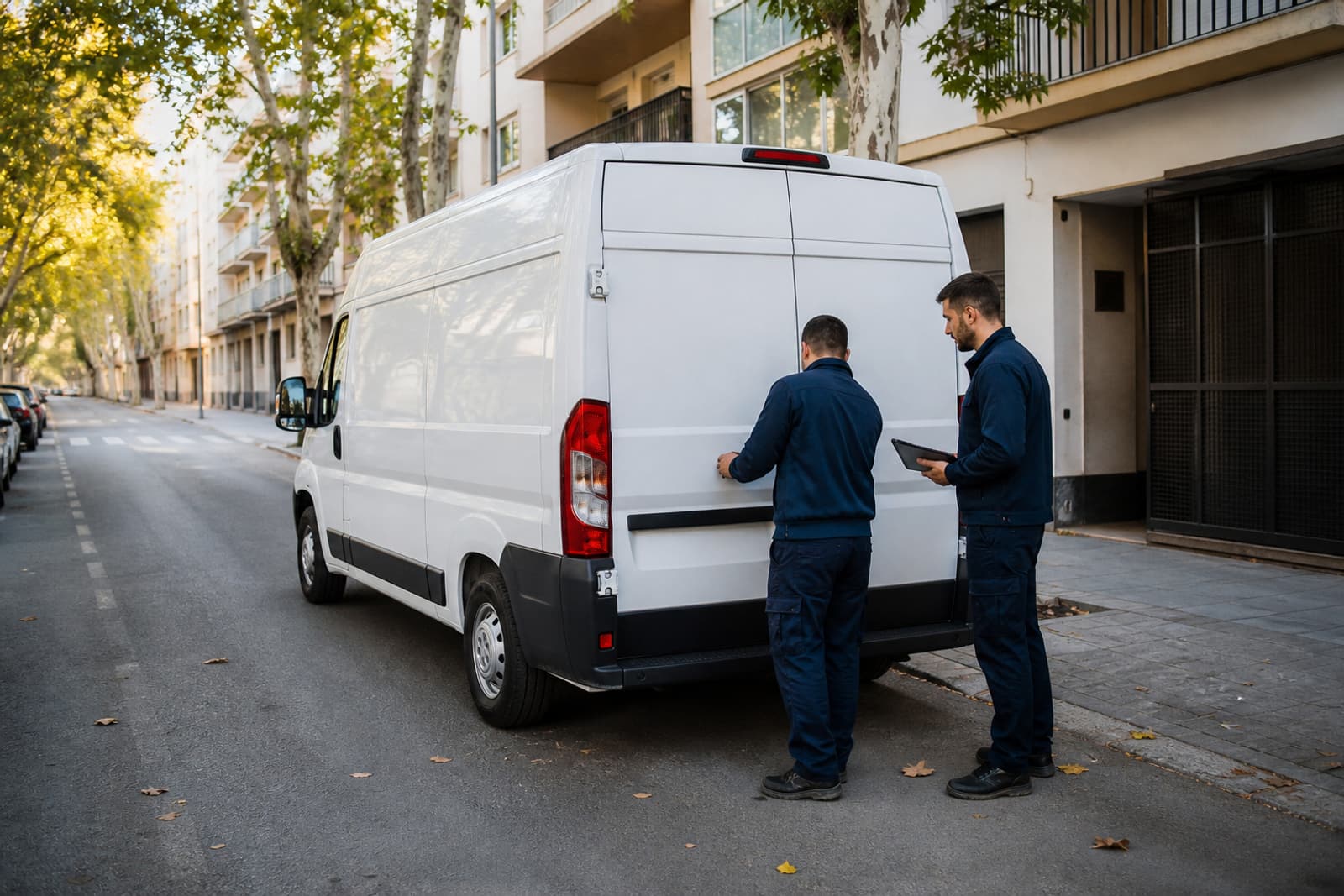 Furgón de mudanza y equipo en una calle residencial de Valencia.