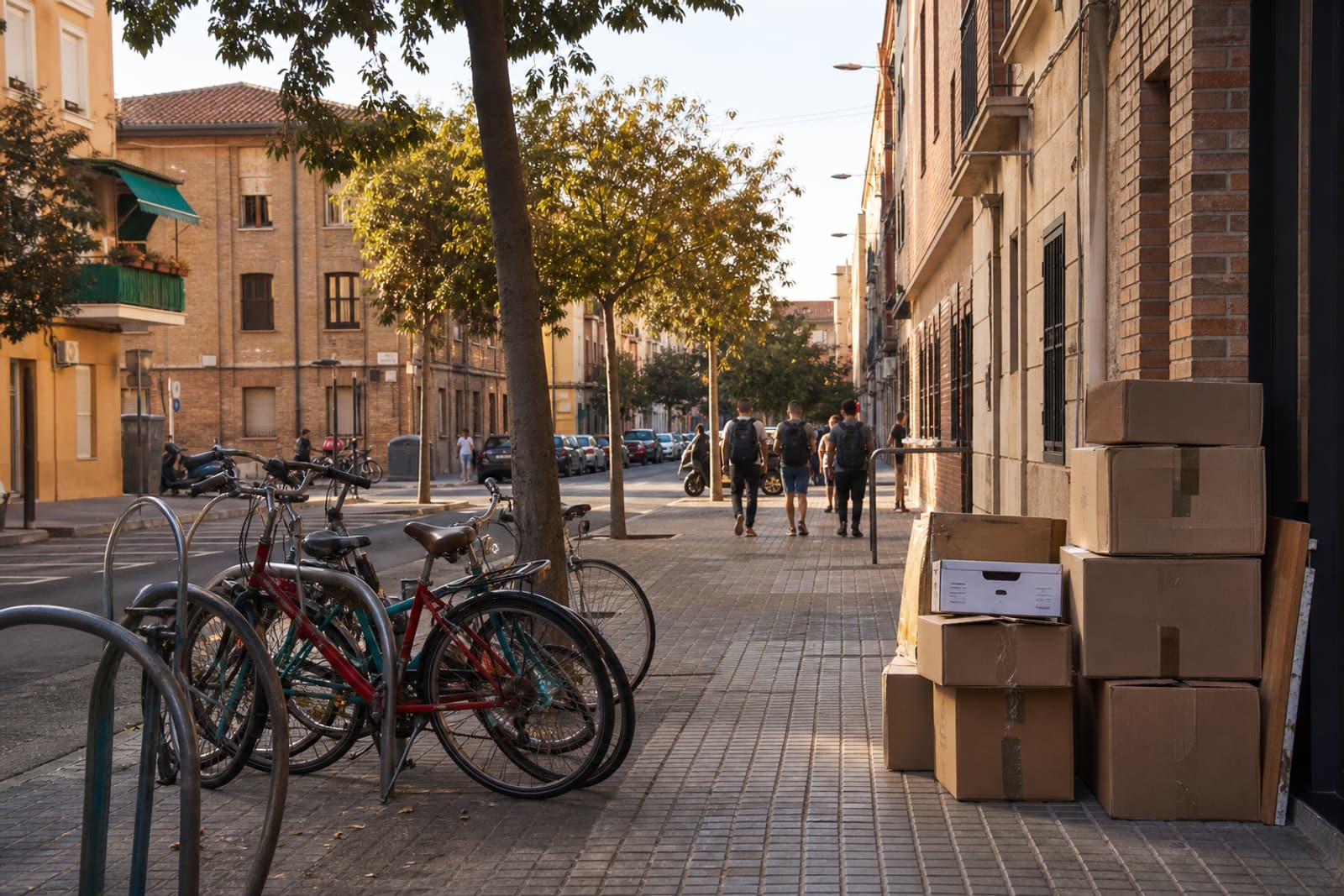 Calle universitaria de Valencia en septiembre, con cajas de mudanza en la acera.